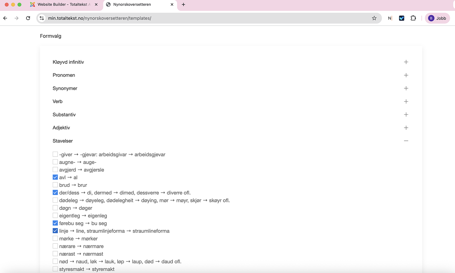 Skjermbilde av formvalgsinnstillingene