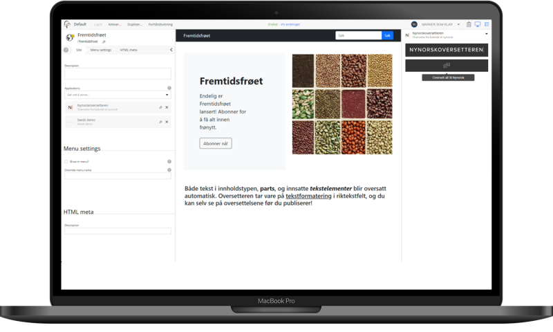 Skjermbilde av Nynorskoversetteren i Enonic